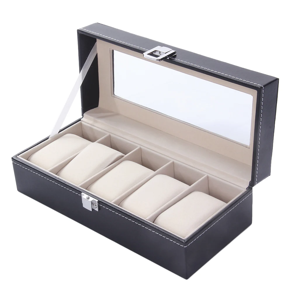 

Black Leather Compact and Elegant 5 Grid Luxury Refinement Slots Watches Display Case Jewelry Collection Storage Organizer Boxes