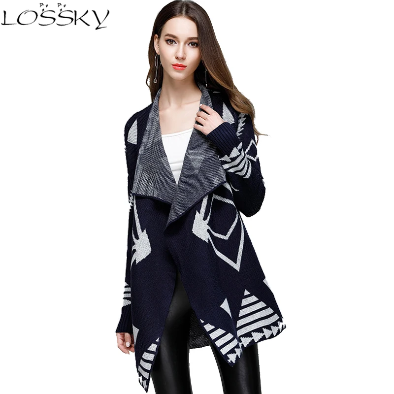 Women Long Knitted Cardigan Loose Geometry Belt Design