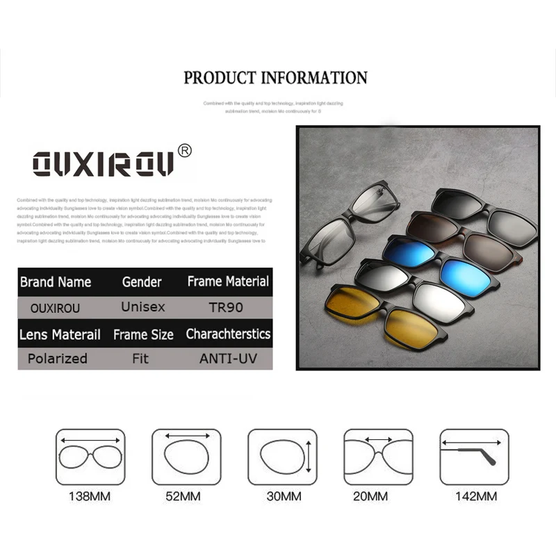 Модные мужские и женские очки, оправа для очков, поляризационные Магнитные очки с 5 клипсами, тонированные очки, мужские очки для вождения, близорукость, s2251
