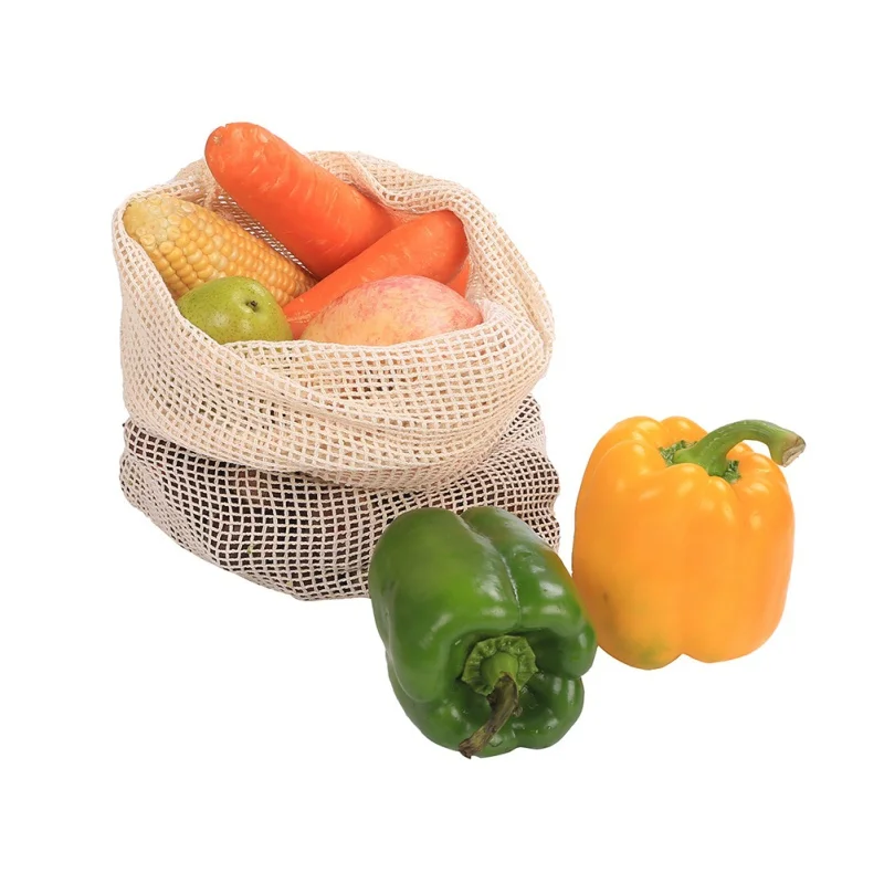 3 Size Reusable Cotton Vegetable Bags Home Kitchen Fruit And Vegetable Storage Mesh Bags With Drawstring Machine Washable