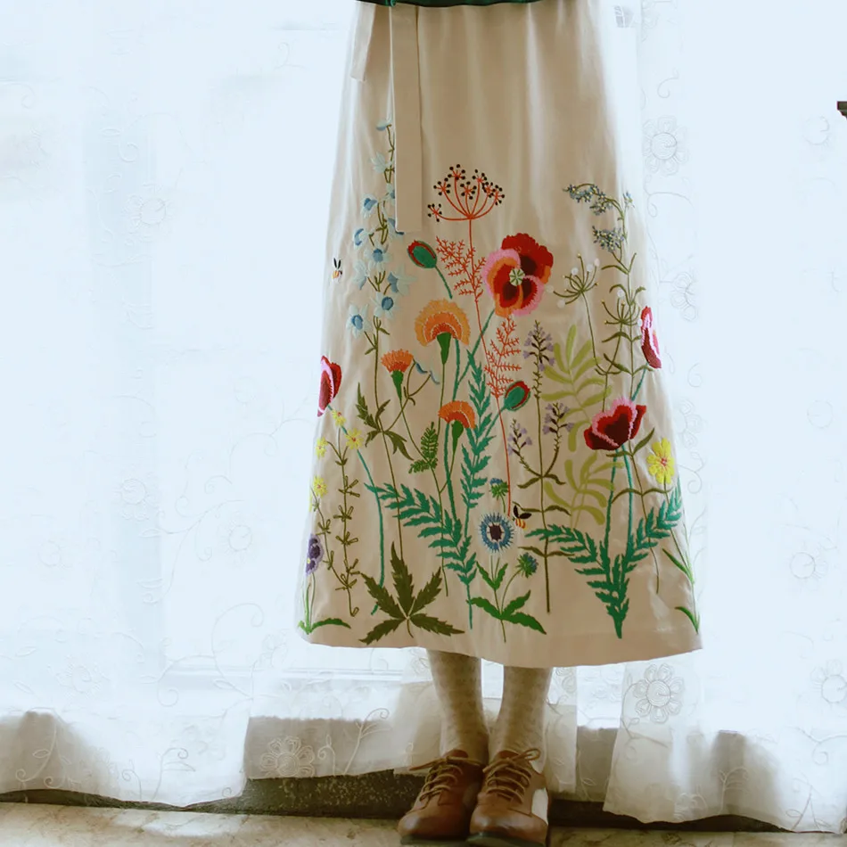 

LYNETTE'S CHINOISERIE Spring Autumn Original Design Women Vintage embroidery floral pattern all-match cotton apron skirt