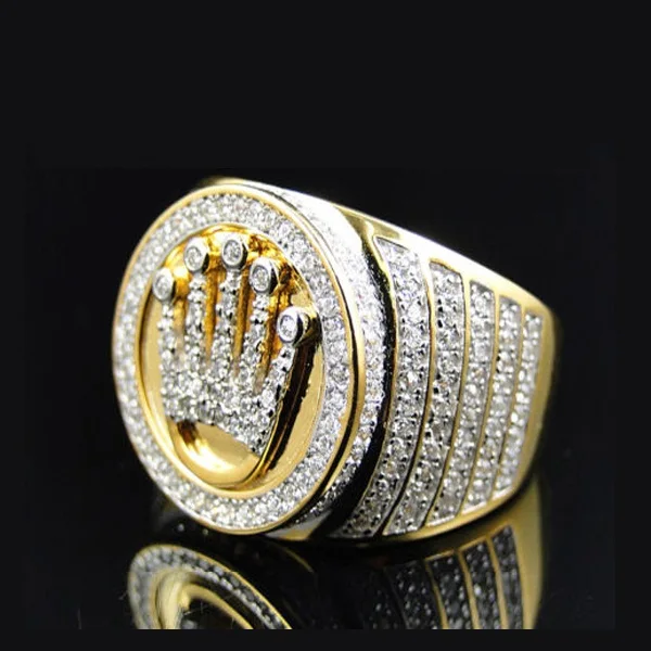 High quality king 18k gold crown ring mens hip hop bling bling jewelry