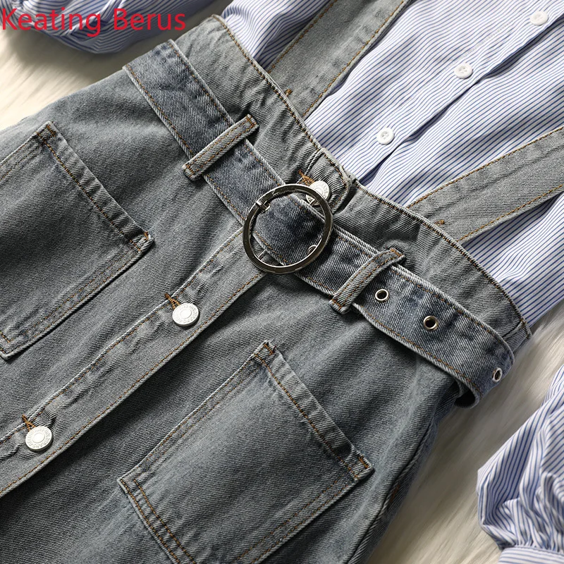 Women's Two-piece Sweet V-neck Striped Shirt Top Women's Strap Denim Mid-length Skirt Wild Fashion Plus Size 5XL Two-piece