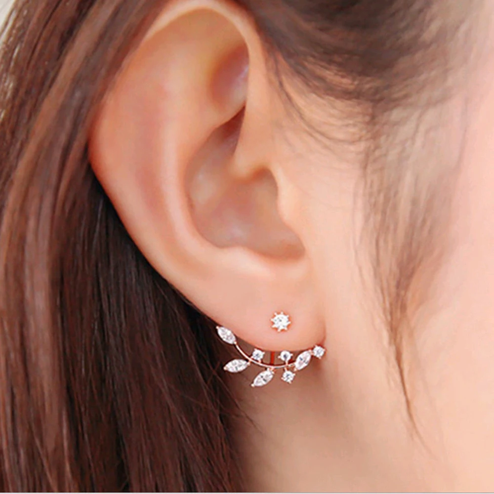 

FAMSHIN Korean Zircon elegant gold leaf leaves asymmetric crystal earrings for women Piercing Jewelry