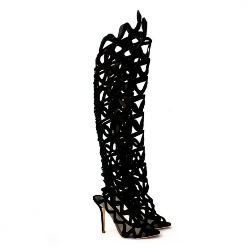 

Women Over-knee Slingback High Heel Summer Boots Black 2016 Custom Made Plus Size High Thin Heels Fasion Summer Ladies Botas