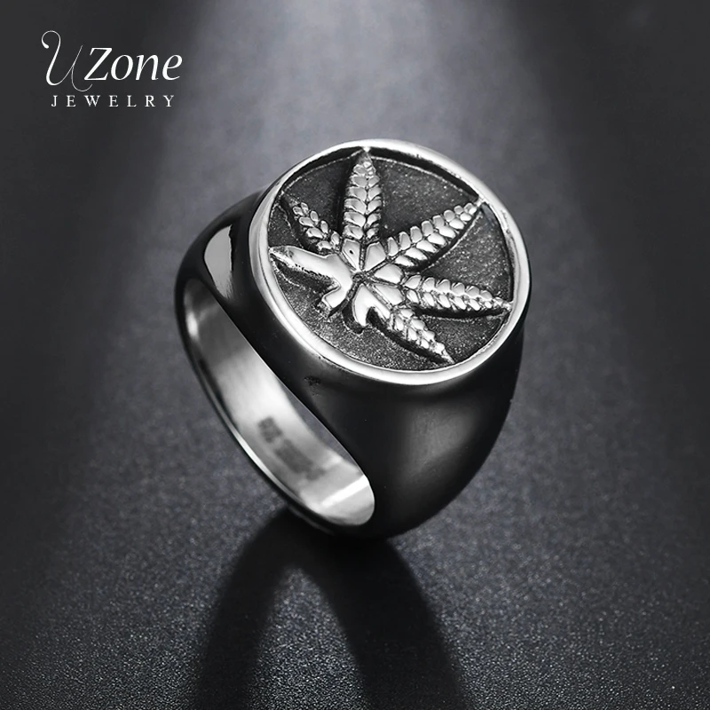 

UZone Vintage Weed Hemp Cannabis Leaf Ring 316L Stainless Steel Retro Maple Leaf Signet Ring For Men Punk Jewelry Size 8-13