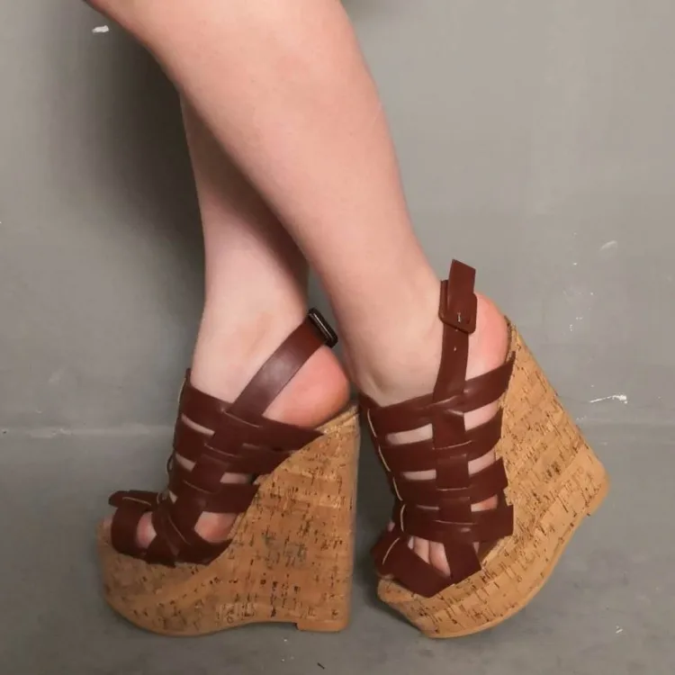 Olomm/новые женские сандалии-гладиаторы на платформе пикантные босоножки на танкетке и высоком каблуке повседневная обувь коричневого цвета с открытым носком женская обувь американского размера плюс 5-15