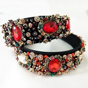 

Bride Tiaras Baroque Crown Blue Rhinestone Beads Hair Bands Crystal Velvet Wide Headbands For Women Party Wedding Hair Jewelry