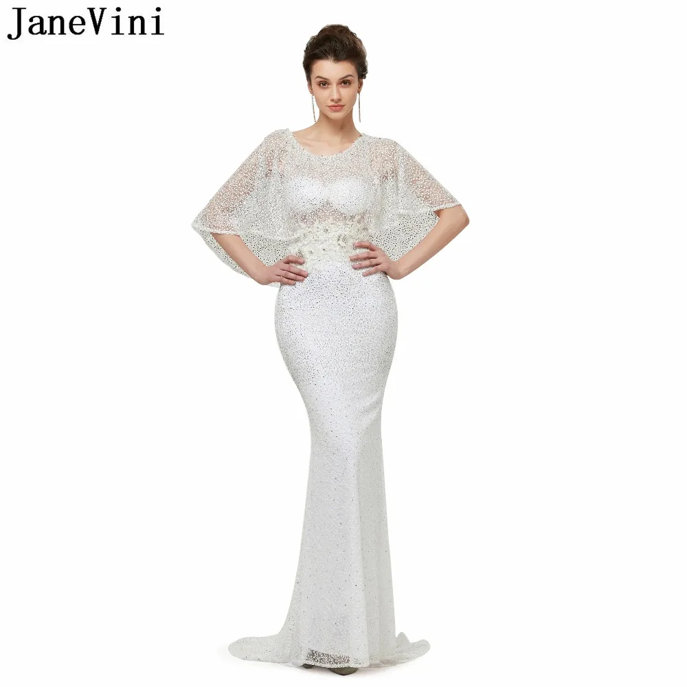 

JaneVini Vintage White Lace Bridesmaid Dresses with Appliques Beaded Scoop Neck Sheer Back Mermaid Prom Gowns Ballkleider Lang