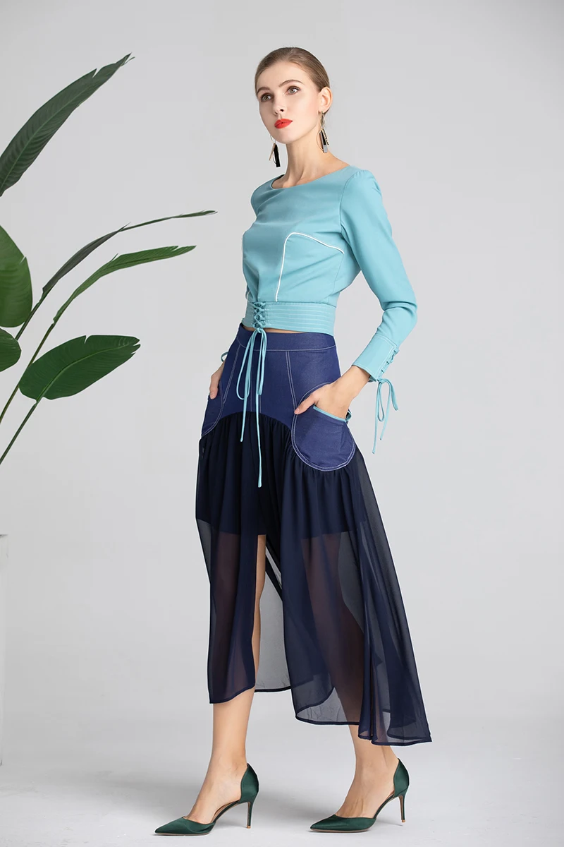 Ensembles Costume Miuximao Nouveau Manches 2019 Pièce Style 2 Longues Printemps Jupe Salopette cou Bleu À Top Épissage Robe Femmes D'o nX1WX