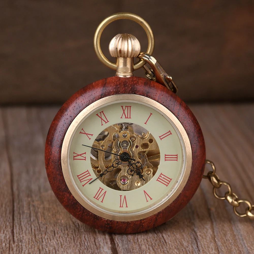 

New Arrival Open Face Mechanical Mens Pocket Watch Golden Hand Wind Movement Wooden Case Style Skeleton Watch With Chain PJX07
