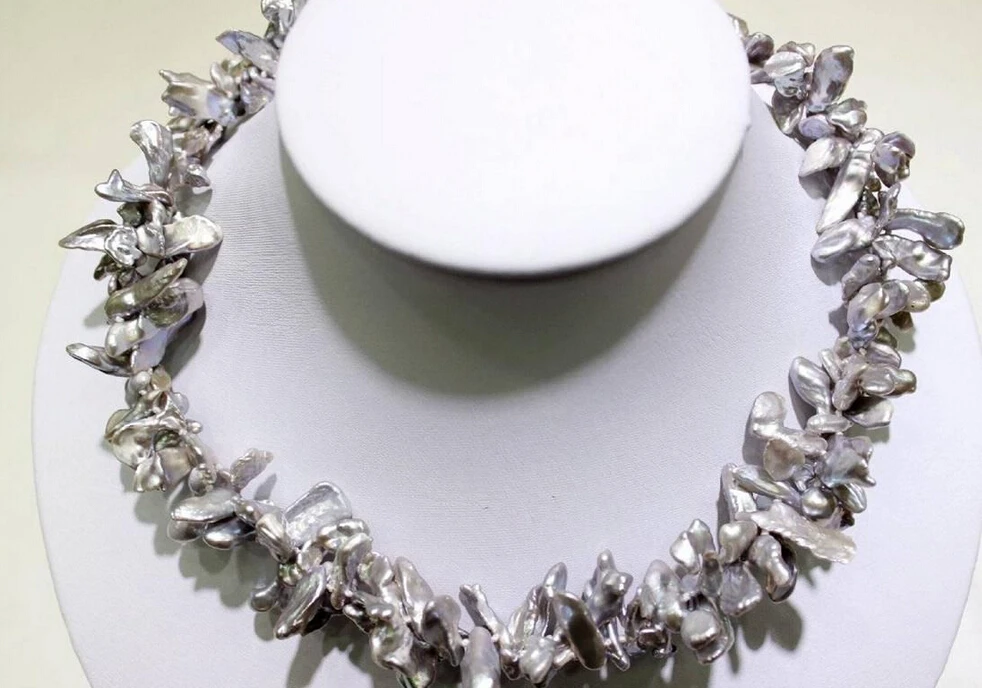 

FREE SHIPPING>>>@@ > N3334 Gray Beautiful keshi reborn pearl double necklace 18INCH 7x21mm "handmade"Alloy