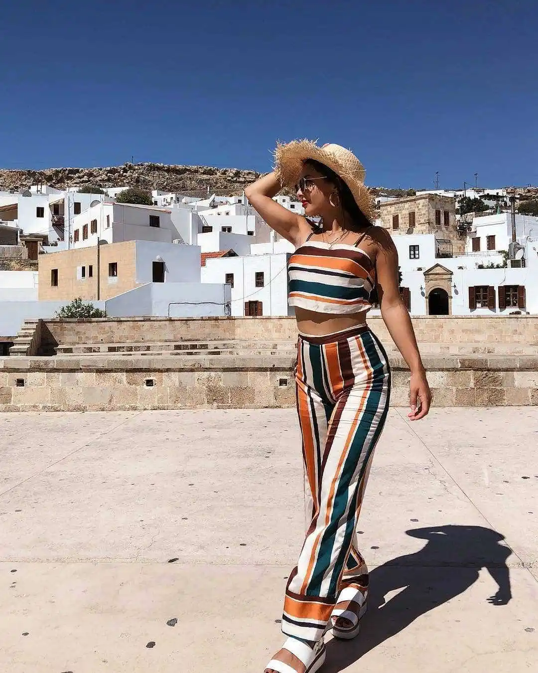 

Fashion Spaghetti Strap 2 Piece Set Women Pant and CropTop Elastic Waist Female Pants Set Striped Women Set Matching Set