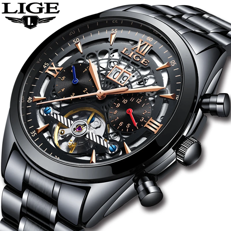 

Mechanical Watch LIGE Top Brand Luxury Male Automatic Watch Men Casual Leather Military Waterproof Sport Watch Relogio Masculino