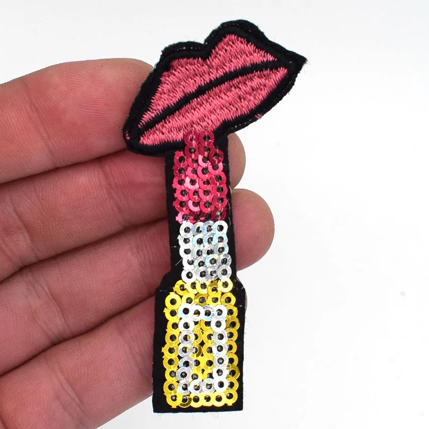 1pc Embroidered Patches Lip Lipstick Iron On Patch Sewing On Sequins DIY Clothes Applique
