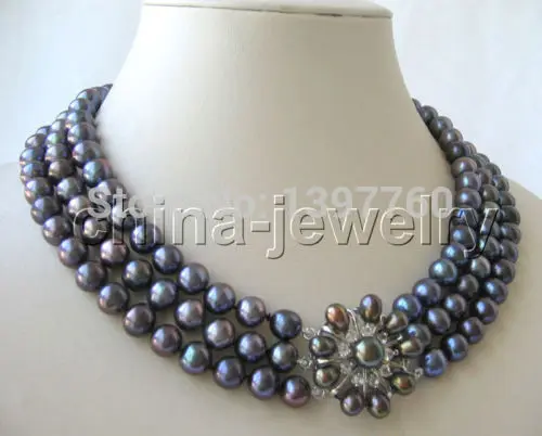 

Miss charm Jew.80 Beautiful AAA+ 17-19" 9-10mm natural black round freshwater pearl necklace AAA