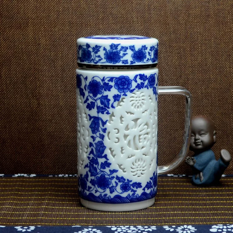 

350ML Jingdezhen Double Layer Heat Resistant Ceramic Vacuum Flasks Cover Blue and White Porcelain Master Water Teacup Elder Gift