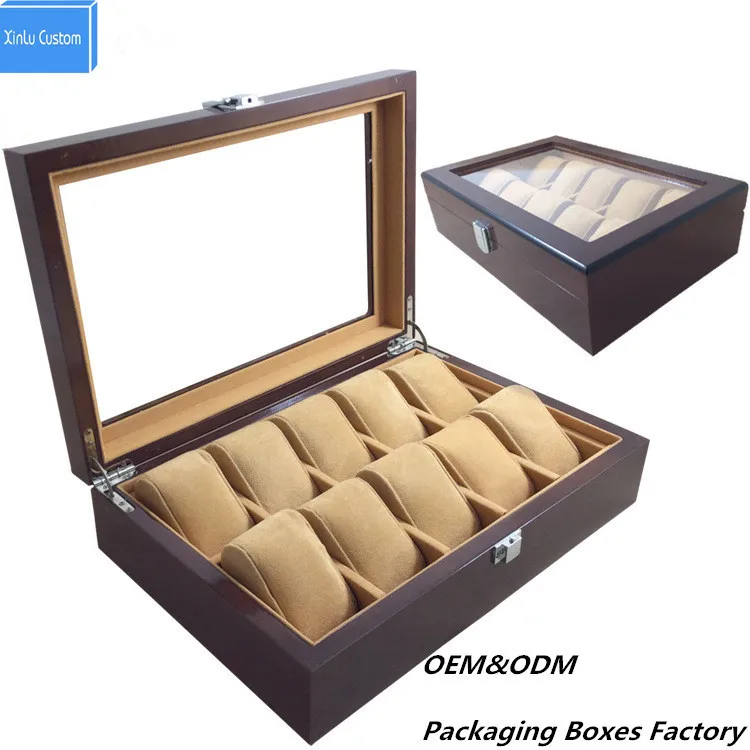 

Professional for Custom Personal Brand luxury wrist storage watch box 10 grids slots wood window cajas para relojes de regalo