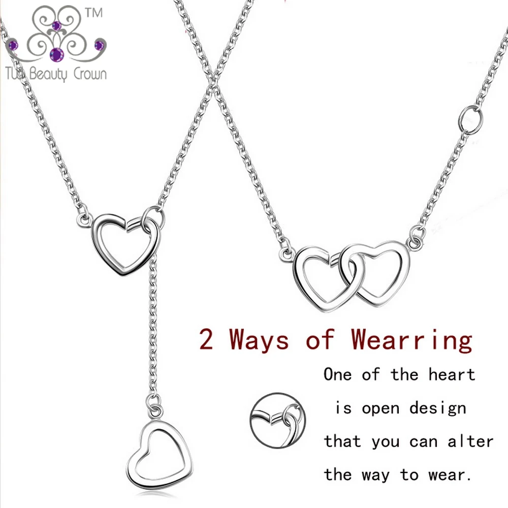 2017 Nueva Moda 925 Plata Esterlina de Oro Rosa de Color Único Del Corazón Doble Colgantes y Collar Para Las Mujeres Novia Collares Mujer