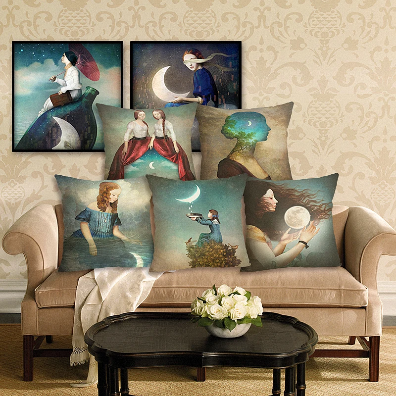 

New Arrive Classical Illustration Printing Cushion Case Linen Cotton Cushion Cover Throw Pillowcase Sofa Pillowcase Cojines