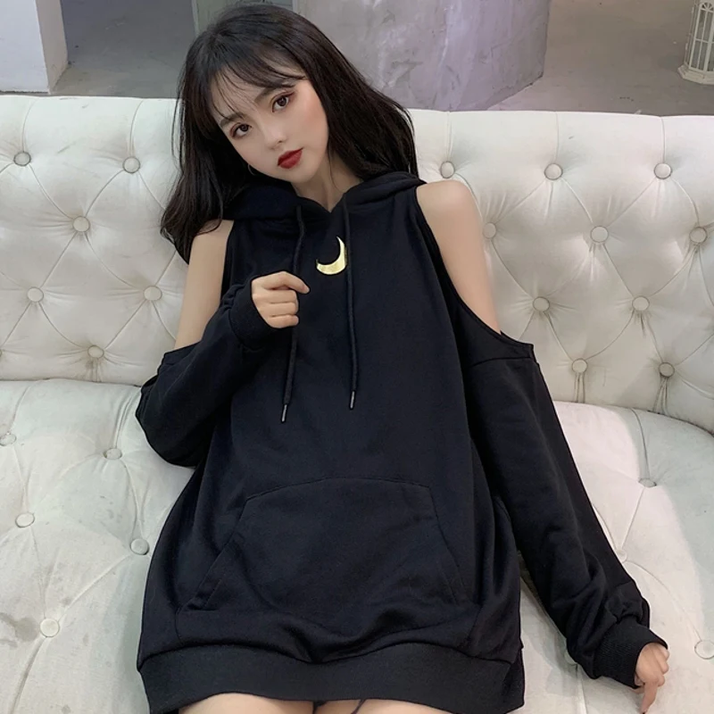 

Gothic Dark Women Loose Strapless Long Sleeve Hoodies 2019 Ins Fashion Medium and Long Sweatshirt Female