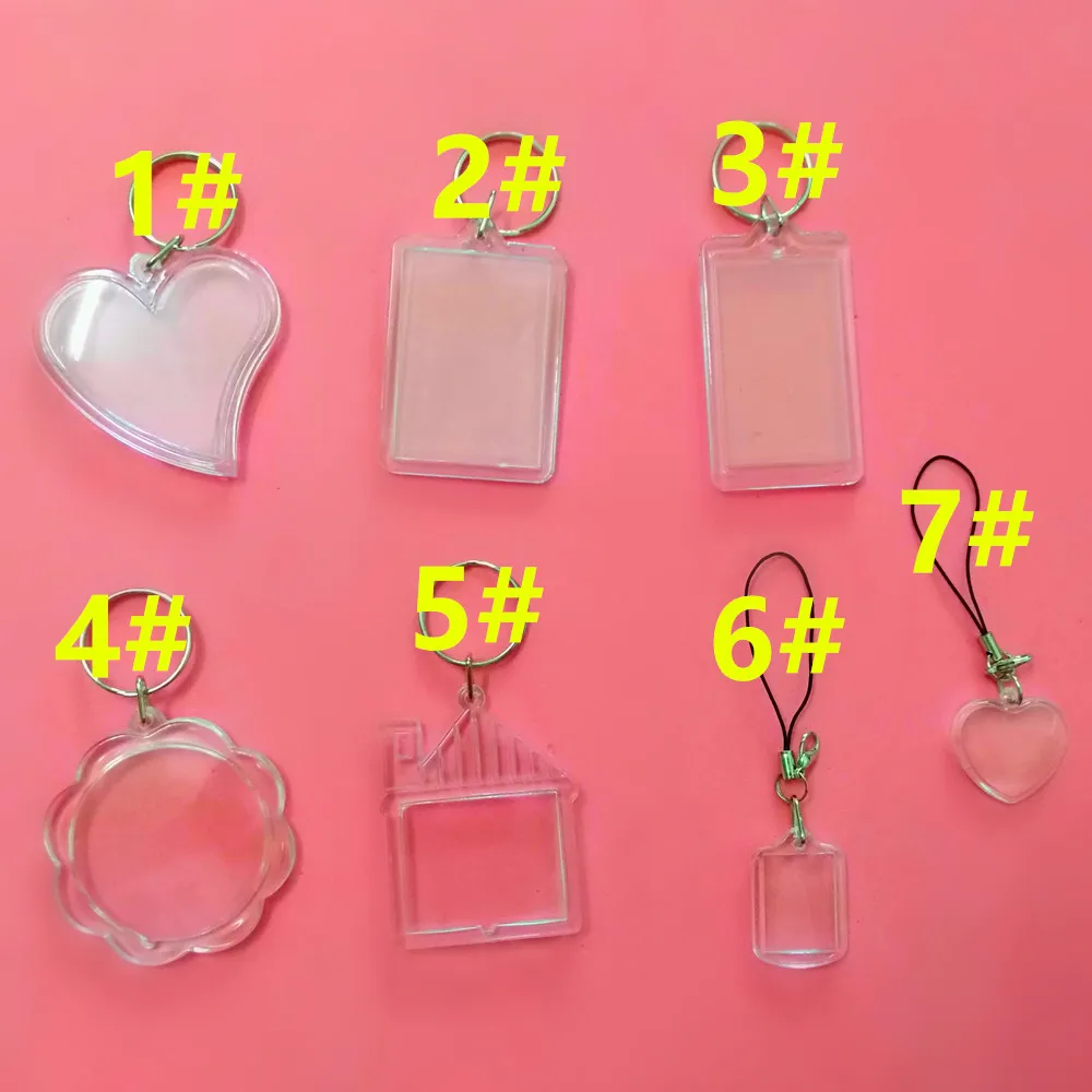 

300 Pcs 7 Style Blank Acrylic Keychains Insert Photo plastic Keyrings Square Key Rectangle heart circular accessories