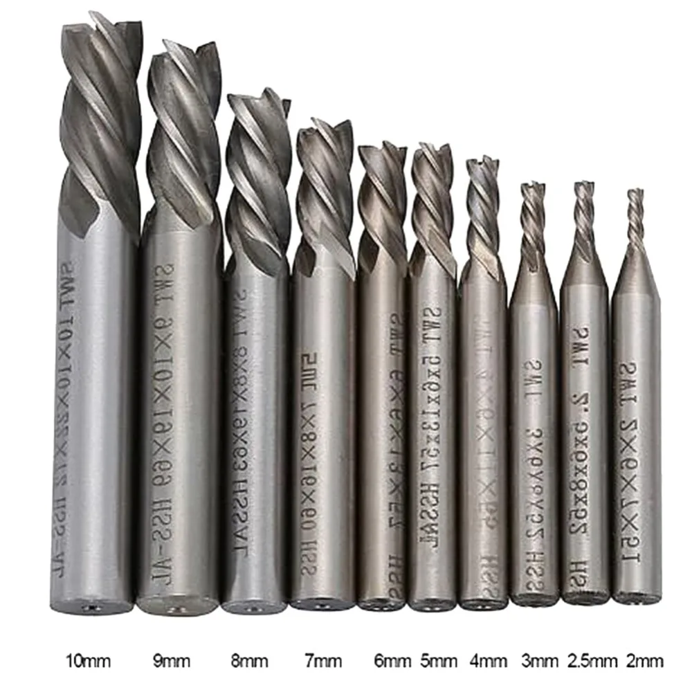 10Pcs/set End Mill Set HSS 4 Blades Flute 2 10mm Milling Cutter set