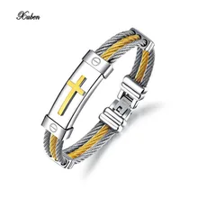 Xuben Fashion Men Bracelet Cross Stainless Steel 3 Rows Wire Chain Cuff Bangles for Men Jewelry Punk Silver Gold Color pulseira