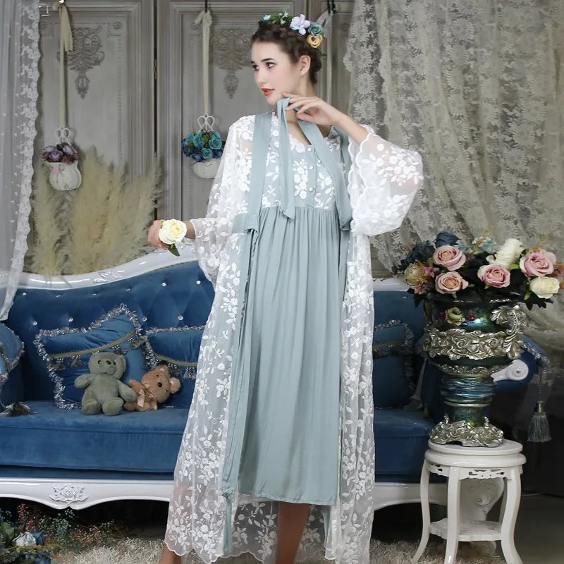 

Free Shipping 2018 New Fall Women's Long Thin Robe 6 Colors Sleepwear Two Pieces Set Lace Soft Slip Nightgown