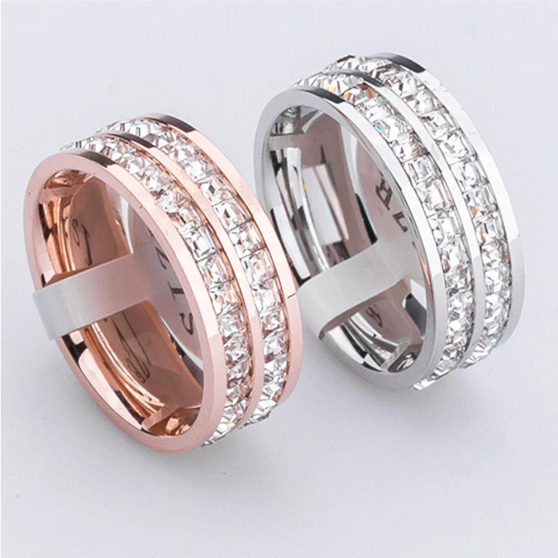 High quality jewelry super flash titanium steel crystal ring girl small square little finger ring