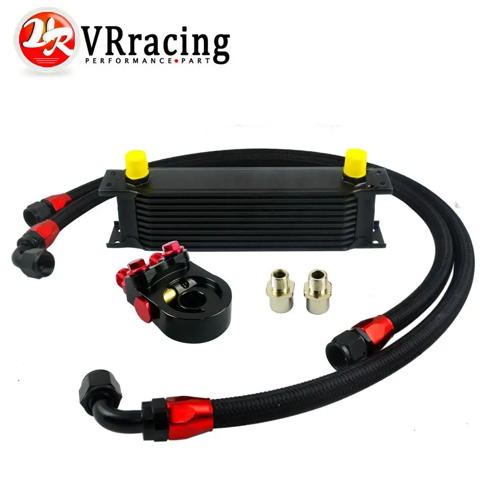 

VR - Universal 10 ROWS OIL COOLER ENGINE + AN10 oil Sandwich Plate Adapte with Thermostat + 2PCS NYLON BRAIDED HOSE LINE BLACK