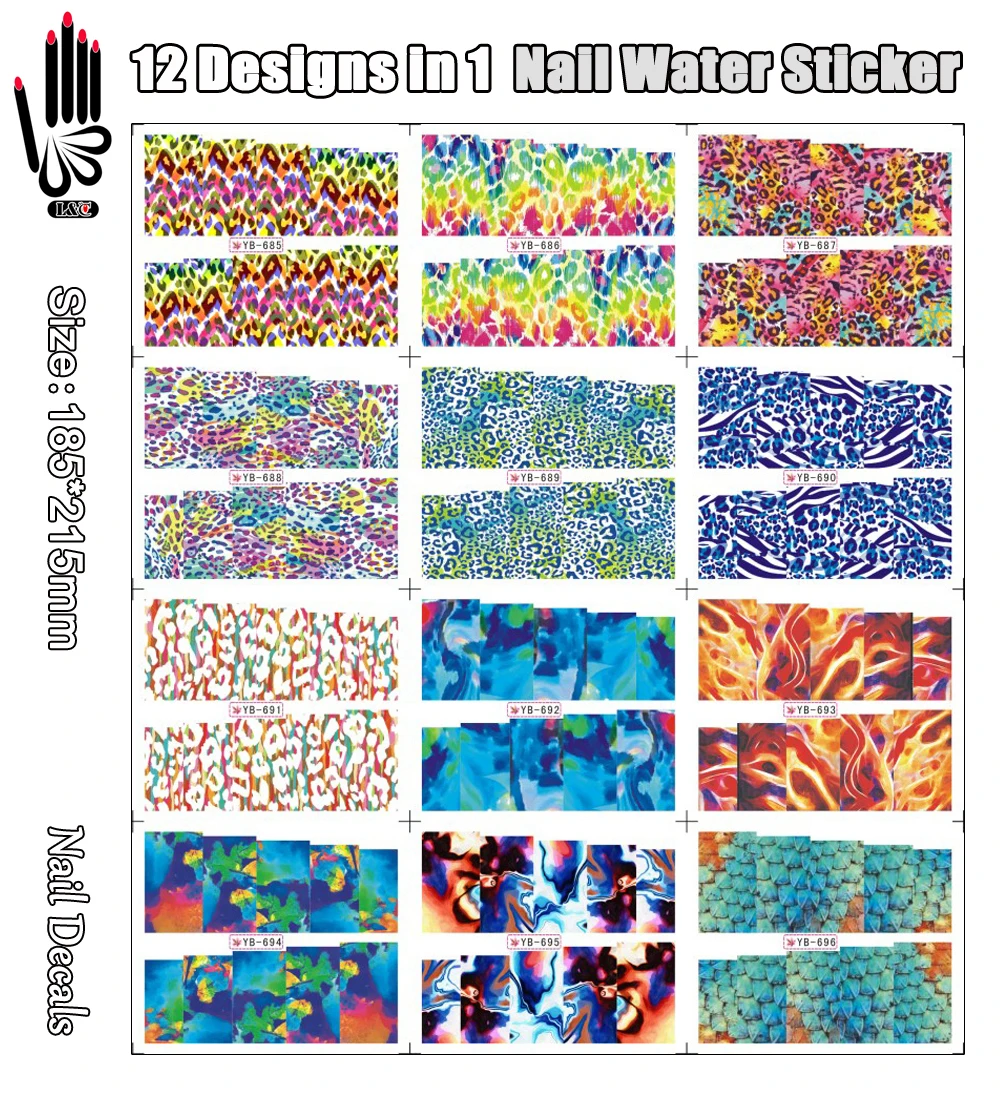 

12 Sheets/Lot Nail Water Decal YB685-696 Full Cover Color Snake Leopard Nail Art Water Sticker For Nail(12 DESIGNS IN 1)