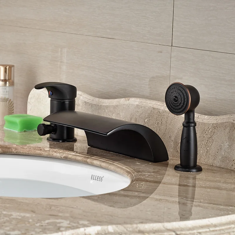 

Oil Rubbed Bronze Deck Mount 3pcs Waterfall Spout Bath Tub Faucet Single Handle with Handshower Tub Filler