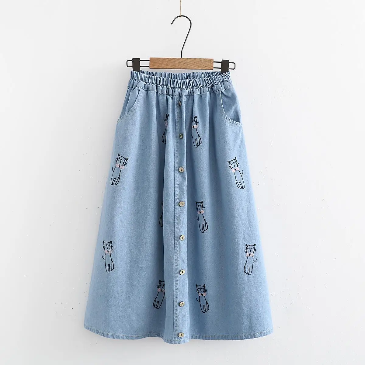 Лето, Женская хлопчатобумажная юбка из денима, Femme Mori Girl, стильная, милая, с вышивкой кота, однобортная, джинсовая юбка, длинная, Saias - Цвет: light blue