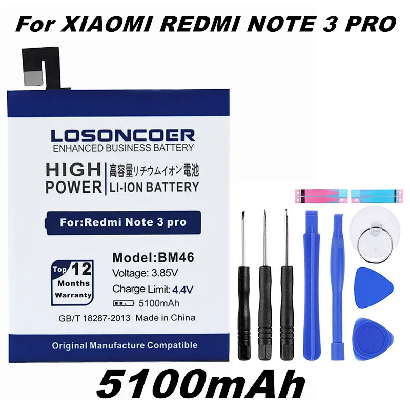 

LOSONCOER 100% New BM46 5100mAh for Xiaomi Redmi Note 3 Battery for Hongmi Red Rice Note 3 Prime Pro Phone Gift tools 9 parts