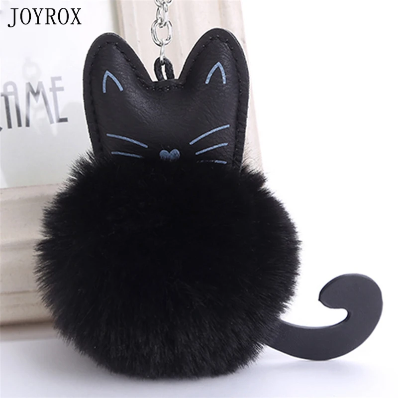 JOYROX Cute Black Cat Keychain Trinket Charm Fluffy Rabbit Fur Pompom Key Ring Women Car Bag