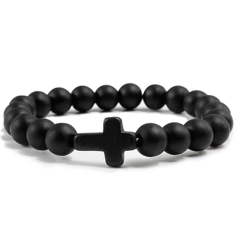 Fashion Men Natural Volcanic Stone Bracelet Classic Cross Beads Meditation Prayer Strand Bracelets Bangle for Women Yoga Jewelry - Окраска металла: Matte Black