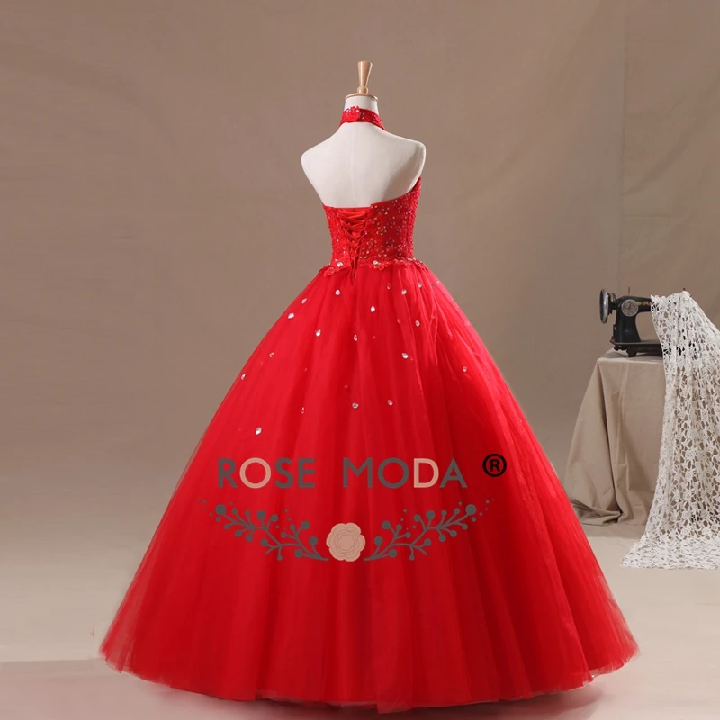 Quinceanera Dress Ball Gown Halter Neckline Lace Top Red Puffy Tulle Real Photos