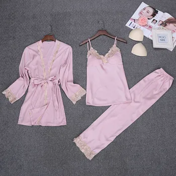 

Sexy Lady Night Robe Spring Womens 3pcs Sleepwear Sets Strap Top Pants Suit Casual Pajamas Sexy Nightwear Kimono Bath Gown M-XL