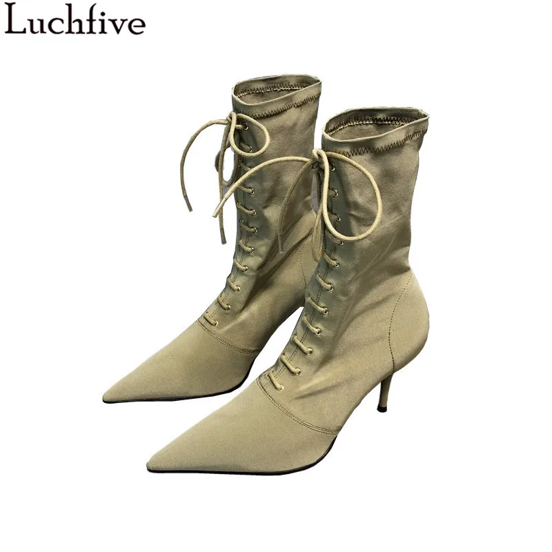 

Luchfive 2019 Spring Short Socks Boots For Women Pointed Toe Stilettos Runway Design Sexy Sheepskin Party Shoes Zapatos Mujer