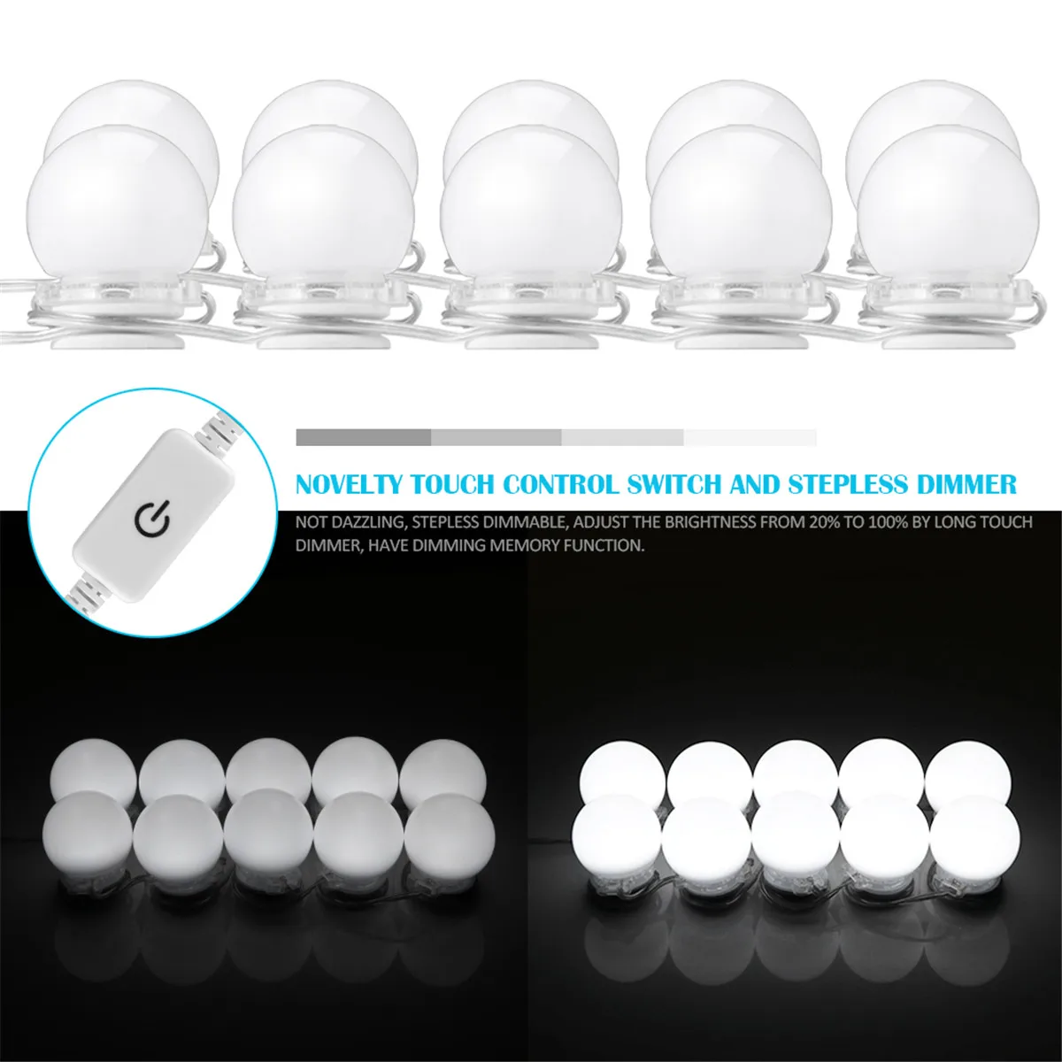 

10W US/EU/AU Plug Makeup Mirror Vanity LED Lamp Light Bulbs Kit for Dressing Style 6,000K White Light Smart Memory Touch Dimmer