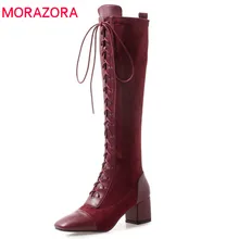 MORAZORA/; сапоги до колена из коровьей кожи; женские модные сапоги на шнуровке с квадратным носком; осенние сапоги на высоком каблуке; элегантная модельная обувь