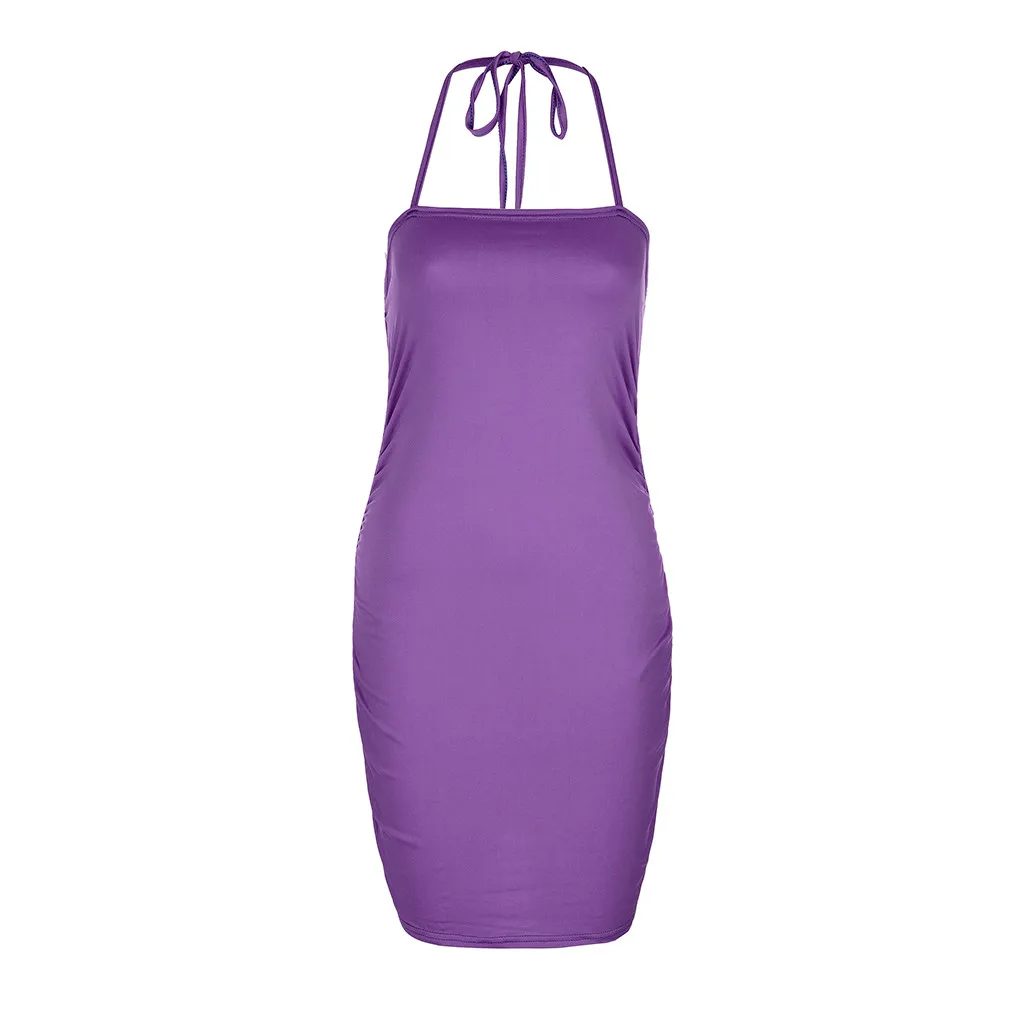 2019 Hot Sale Women s Ladies Solid Sleeveless Halter Casual Mini Dress Summer Dress high quality W408