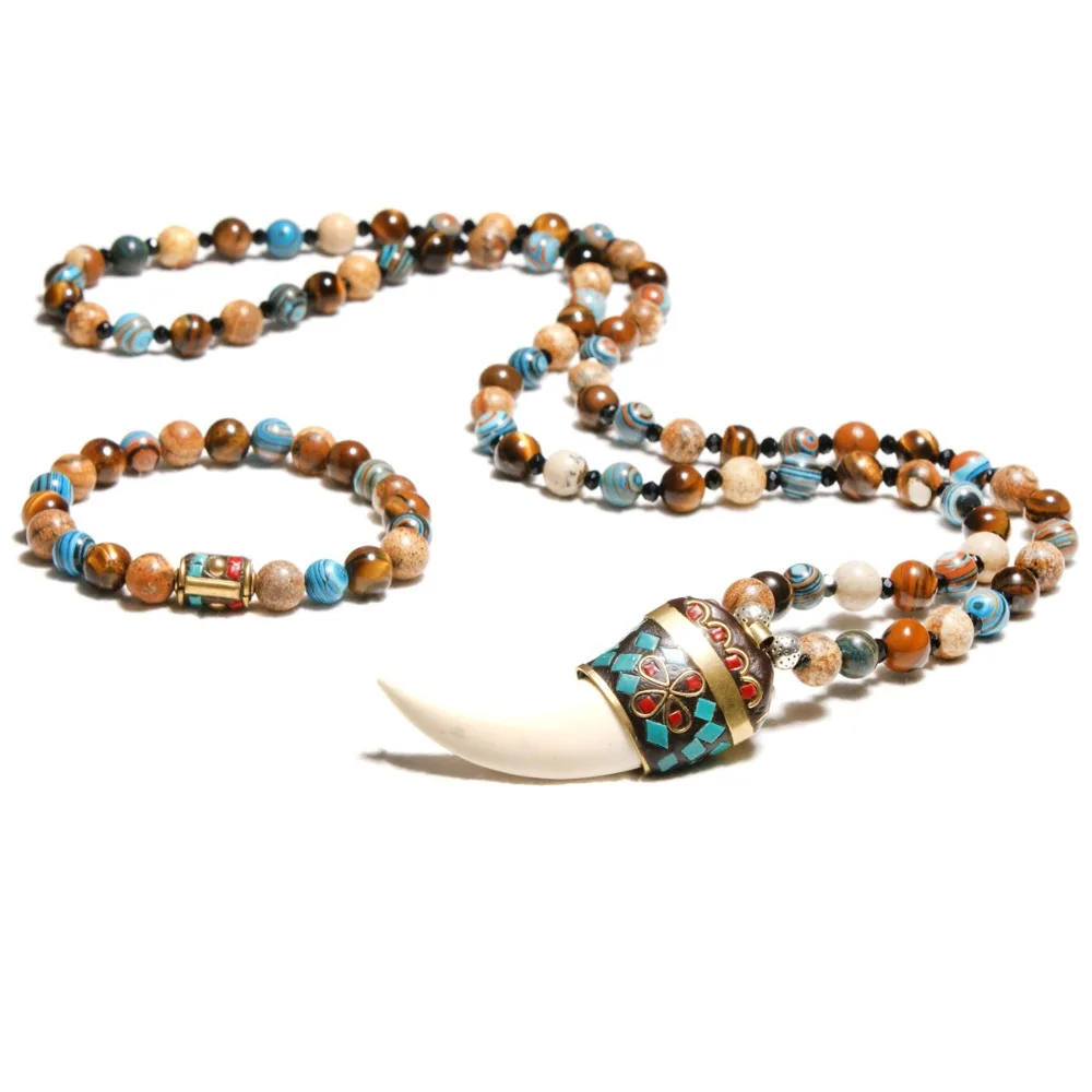 

Bohemian Popular Necklace 8mm Natural Tiger Eye Stone Women's Sweater Chain Hand Beaded Strand Necklace+Bracelet Set Jewelry