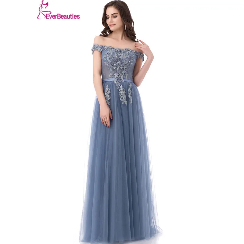 

Evening Dresses Long 2019 A-Line Lace Appliqued Women Party Dresses Off The Shoulder Abendkleider Abiye Robe De Soiree
