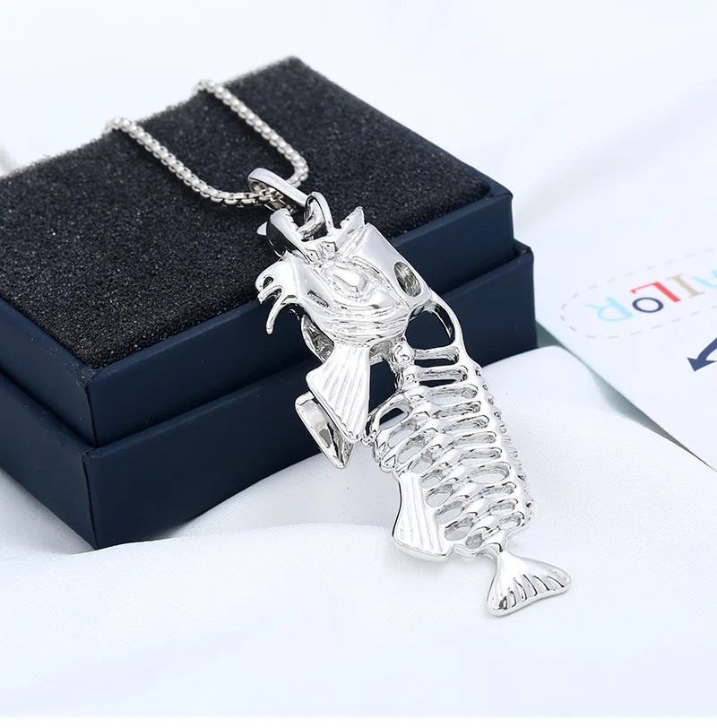 Charms Fish Bone & Fishing Hook Pendant Necklaces Shellhard Stainless Steel Hollow Fish Skeleton Bone Necklace Fashion Jewelry