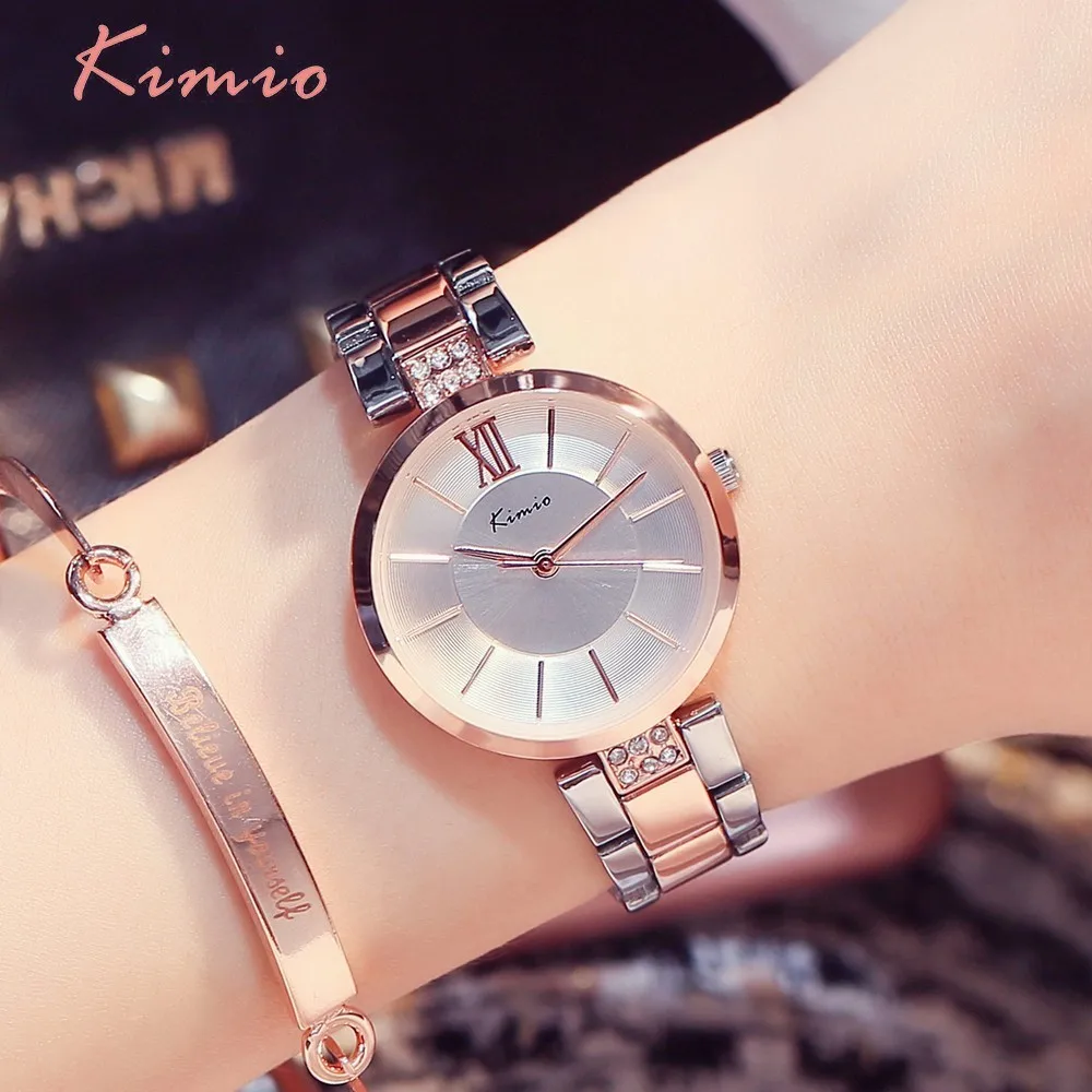 KIMIO Thin Clock Women Fashion Simple Watches Rhinestones Dress Woman Watch Rose Gold Quartz Ladies Women's Watch Wristwatch