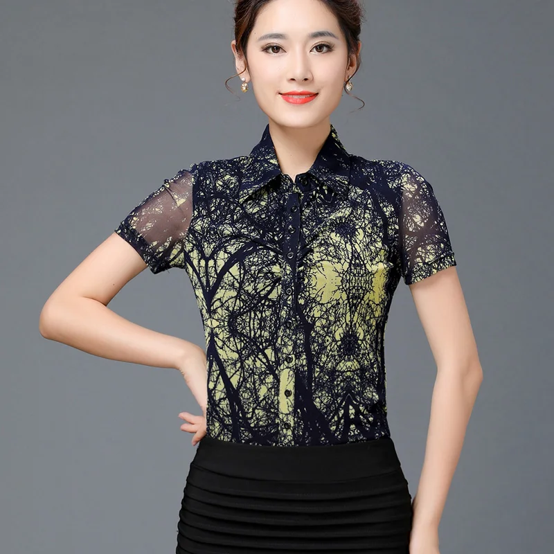 summer-casual-woman's-painted-floral-pattern-short-sleeve-mesh-blouse-shirt-for-women-female-slim-4xl-stretch-blouses-shirts