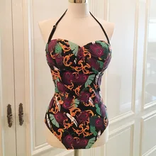 KEKAKA, сексуальное зеленое перо павлина, повязка с принтом, Цельный купальник, Женский винтажный купальник со шнуровкой на спине, одежда для купания и плавания