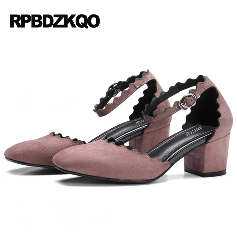 

Suede High Heels Women 4 34 Small Size Shoes 5cm 2 Inch Pink Retro Square Toe Pumps Block For Strap Ankle Footwear Autumn Hasp